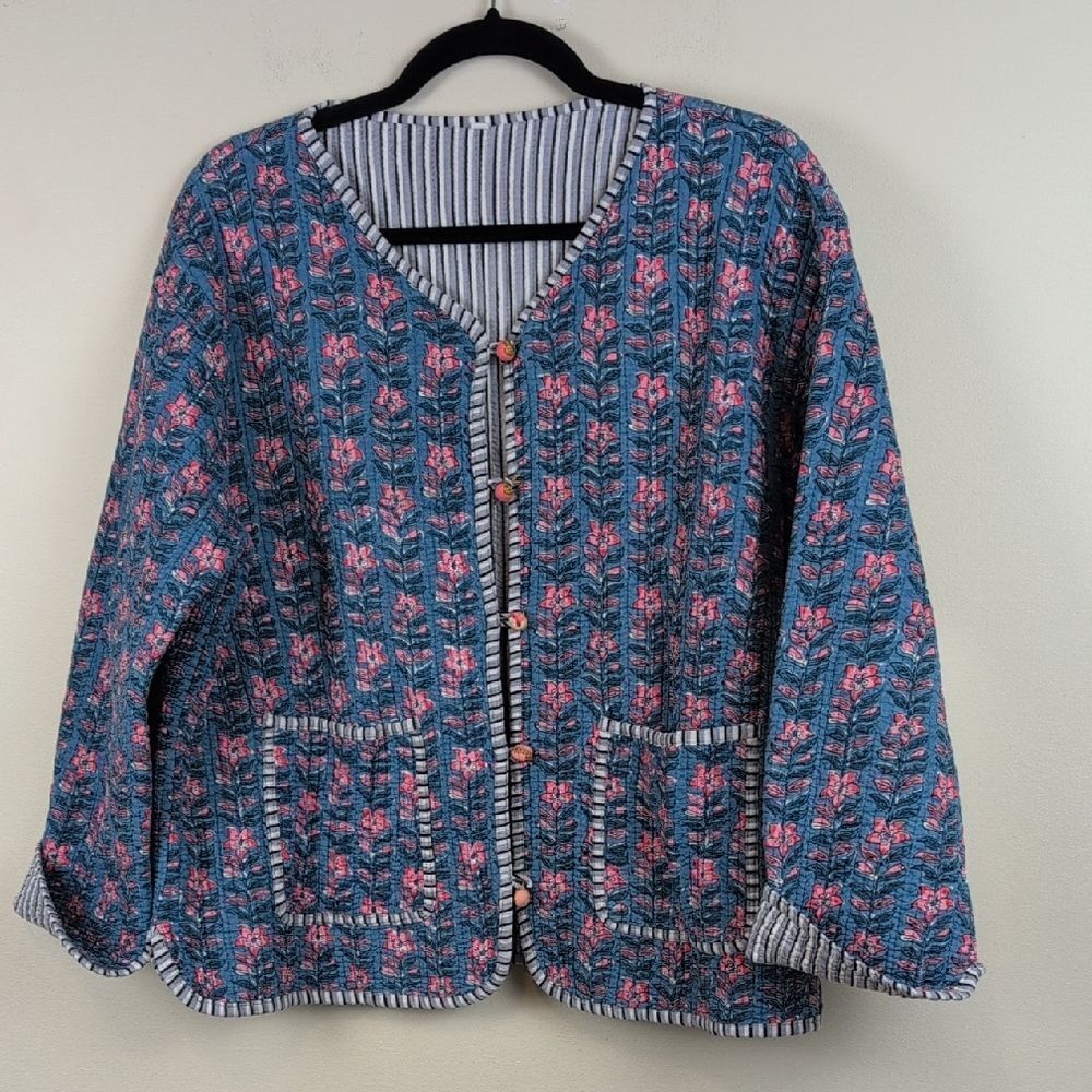Block Print Cotton Quilted Jacket - Sari Kantha Coat Size XXL